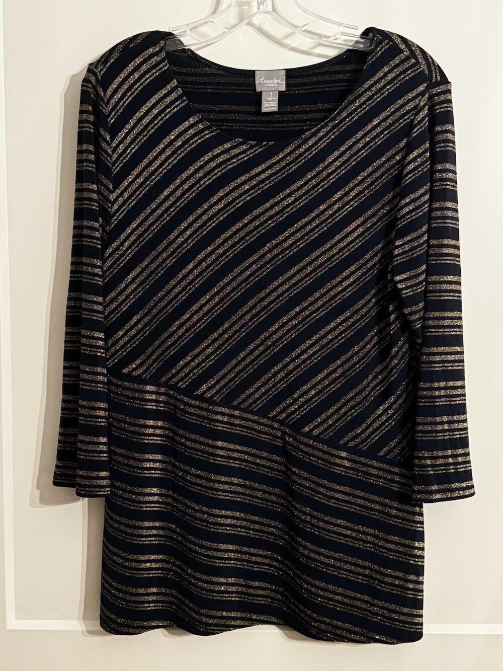 Travelers By Chicos Sz 1 Navy Gold Wrinkle Free Bling Vacation Work Capsule